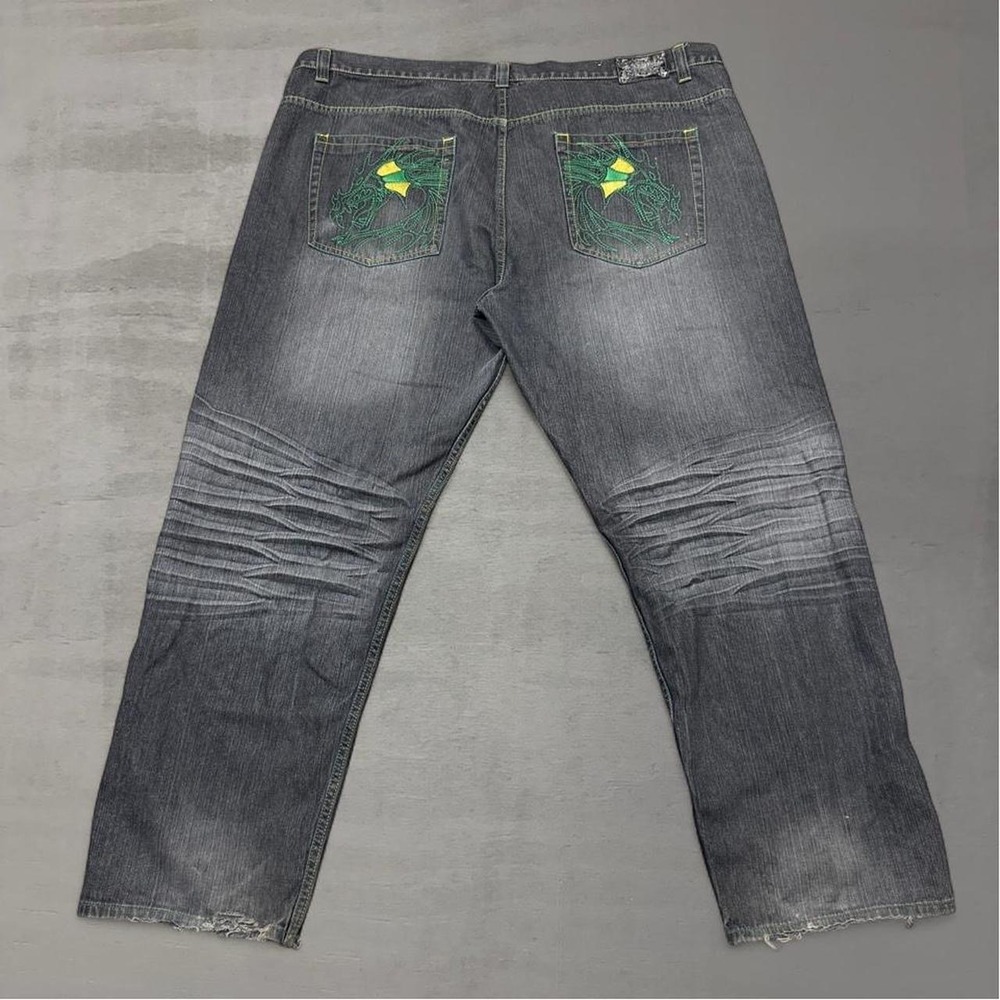 Y2K Jinzu Jeans Crazy Dark Wash Green Dragon Embroidered Baggy Streetwear 52